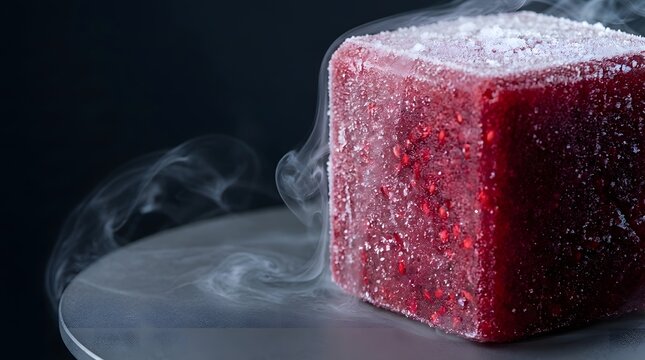Frozen red berry puree cube emitting cold vapor on a dark plate for gastronomy and innovative dessert plating