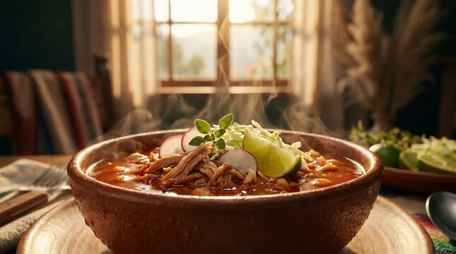Pozole soup composition with shredded meat with radish