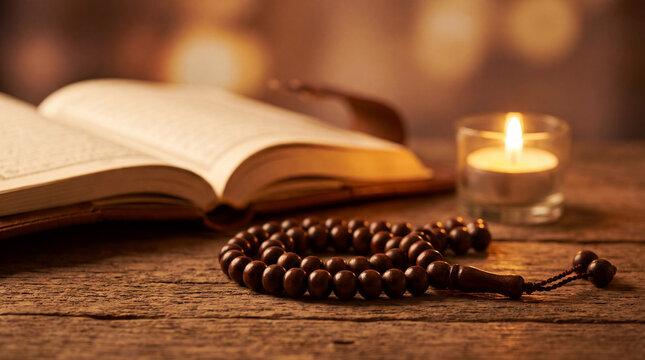 Prayer beads and open book beside a glowing candle on a rustic wooden table