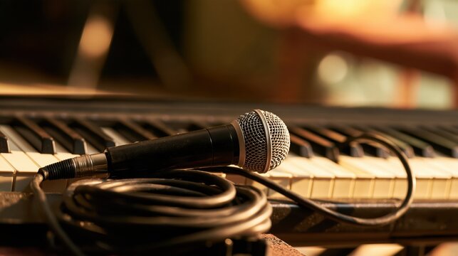 A vintage dynamic microphone resting on a black and white piano keyboard in a warm studio setting