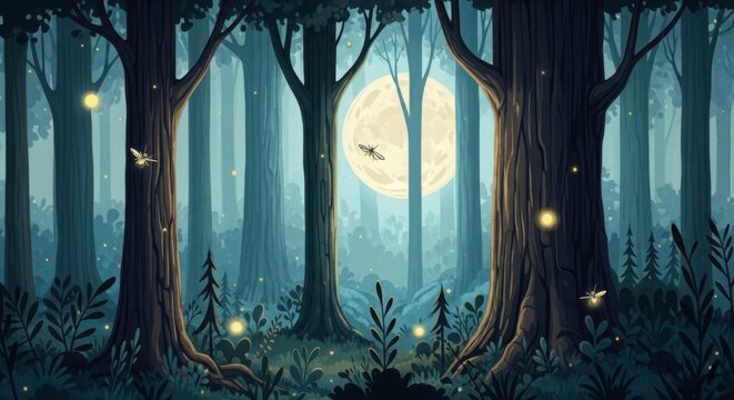 Mystical forest scene with glowing fireflies and tall trees