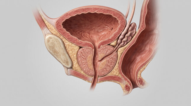 Human Male Reproductive System Anatomy, Prostate and Urinary Tract Medical Illustration