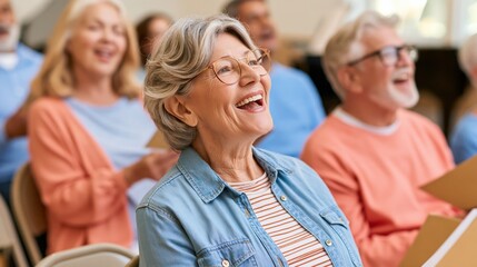 Fototapeta premium Happy group of seniors singing together in a choir during a community center music rehearsal