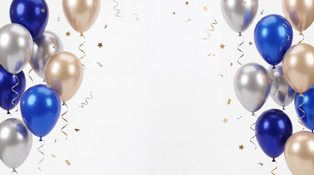 A festive scene with colorful balloons and confetti on a white background