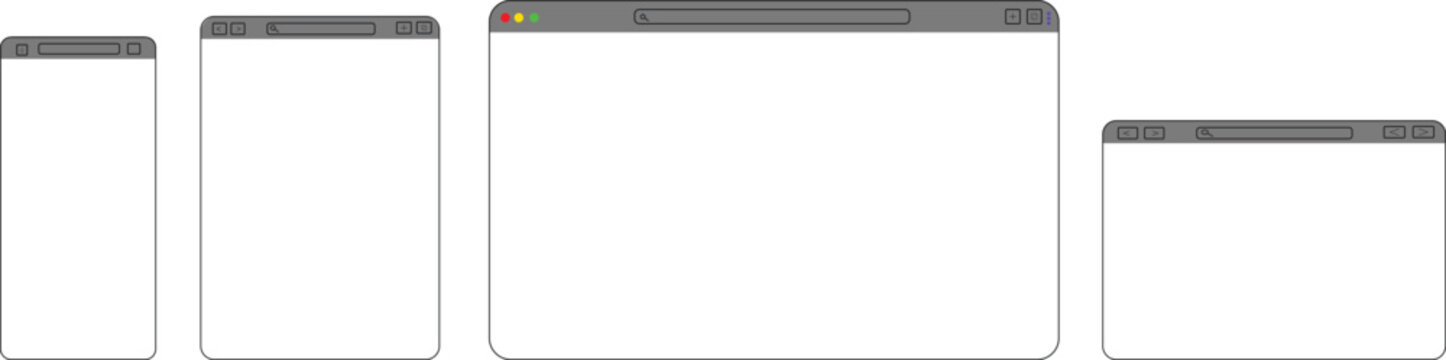 Minimalist browser frame mockup set in black lines for responsive website display layout.