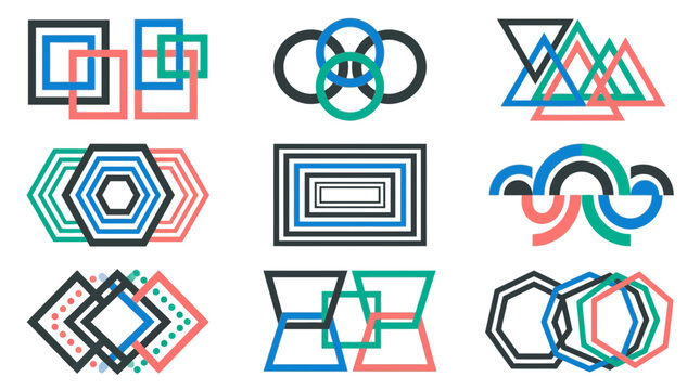 Collection of modern abstract intersecting geometric frames including squares circles triangles and hexagons in flat vector style for logo design branding and creative background elements