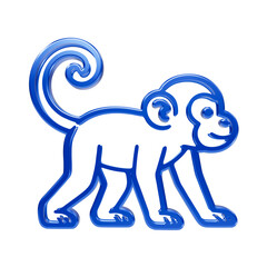 Blue glossy 3d walking monkey with spiral tail and arms down on black background, animal wildlife © MdAmir