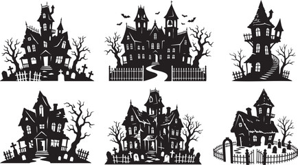 Fototapeta premium Halloween Haunted House Silhouette Collection with Spooky Mansions Trees and Graveyards