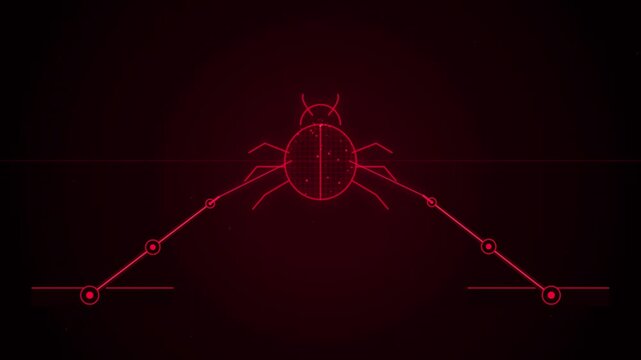 Malware cyber security bug icon digital threat scanning on dark red technology background animation loop.