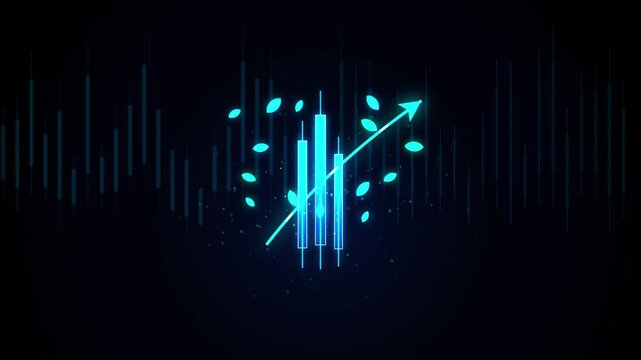 Blue digital graph with growing arrow and leaves on abstract background with sound waves motion.