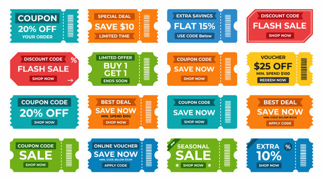 Colorful Coupon Codes Showing Various Discount Offers And Savings Deals
