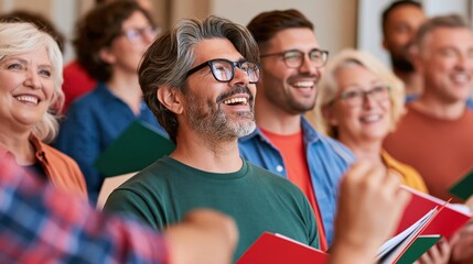 Fototapeta premium Diverse group of happy people singing together in a community choir with music folders in hand