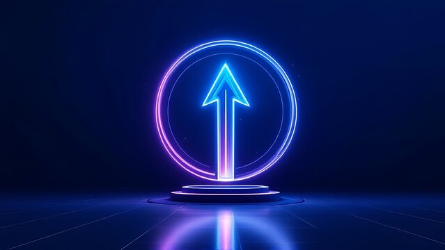 Neon upward arrow in circle frame for business presentation
