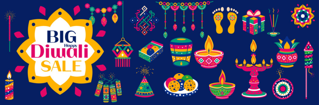 Diwali festival flat modern elements illustration and icon set for graphic and web design templates or color full vector fireworks deepavali firecrackers, diwali crackers flat vector