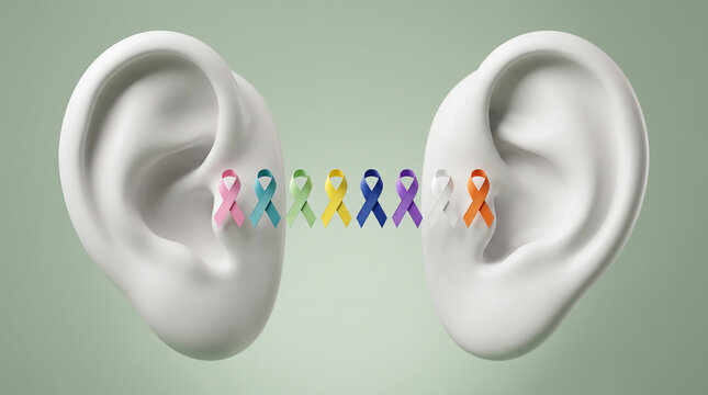 Colorful ribbons representing diversity and inclusion displayed between two human ears