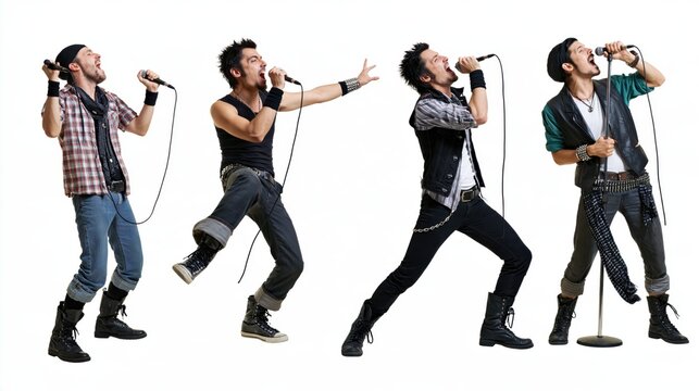 Full body set of rock singers performing with microphones against a clean white background