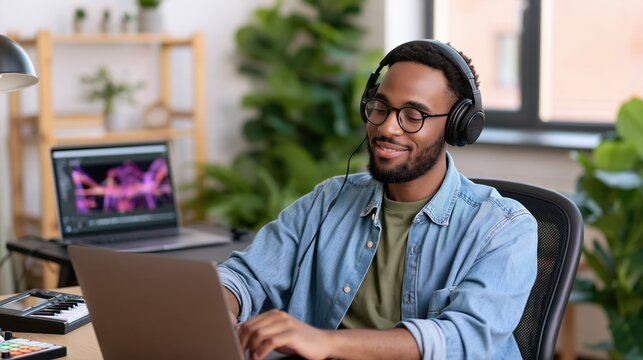 A focused music producer listening to a recorded audio track through professional headphones