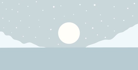 Fototapeta premium Winter lake sunset minimalist snowy landscape illustration, modern flat abstract background