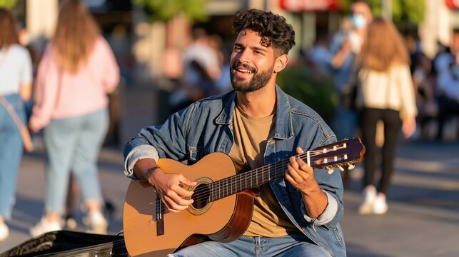 A smiling young man playing acoustic guitar while busking on a busy city street at sunset
