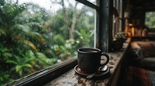 Coffee mug on a windowsill on a rainy day photo