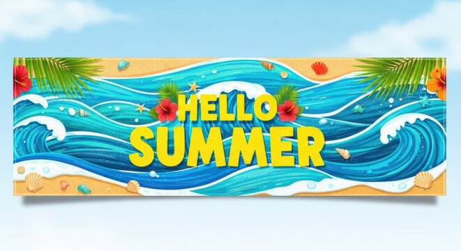 Vibrant banner design with hello summer text over blue ocean wave