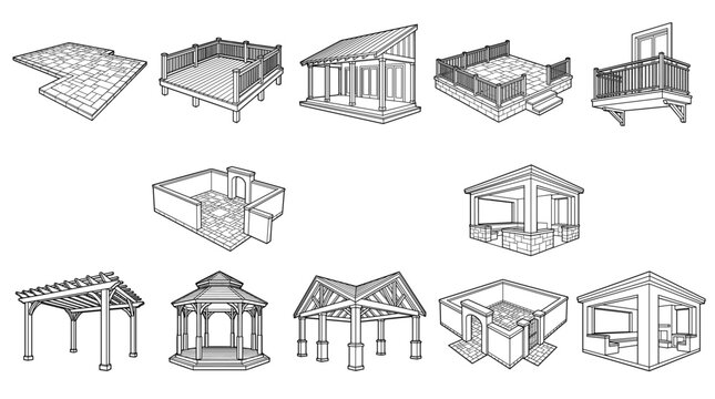 Outdoor structures with pergolas gazebos greenhouses pavilions set line drawing vector designs
