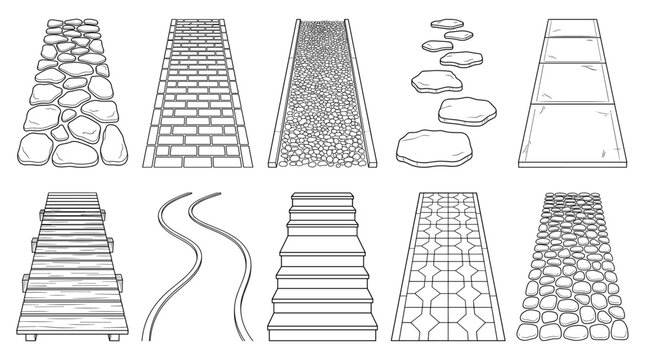 Garden paths with stones bricks gravel steps paving set line drawing vector designs