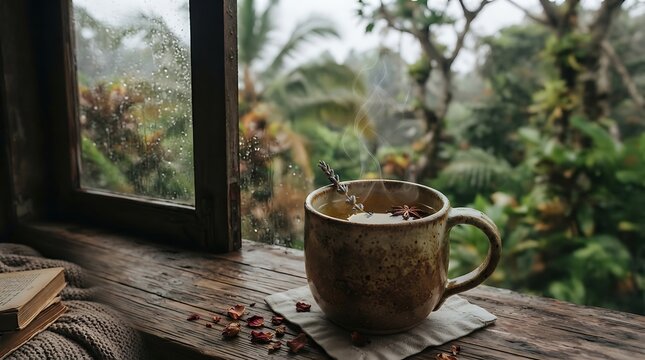 Steaming hot herbal tea cup on a rustic wooden windowsill during a rainy day with lush tropical green foliage outside