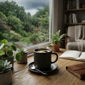 Cozy rainy day coffee cup photo with window view, plants, and open notebook on a wooden table