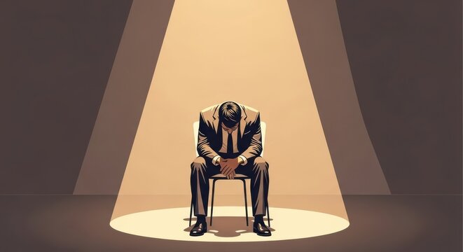 Businessman sitting alone under a single spotlight in a dark room feeling dejected