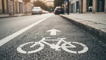 Obraz premium White bicycle lane symbol painted on asphalt street in city