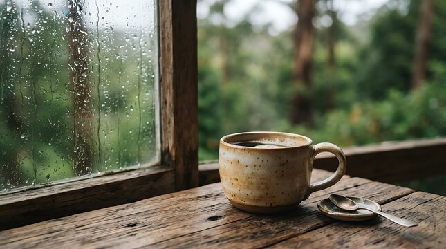 Coffee mug photo on a rustic wooden table by a rainy window overlooking lush green nature