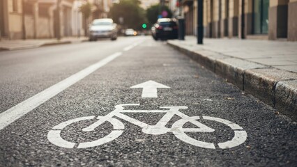 Obraz premium White bicycle lane symbol painted on asphalt city street