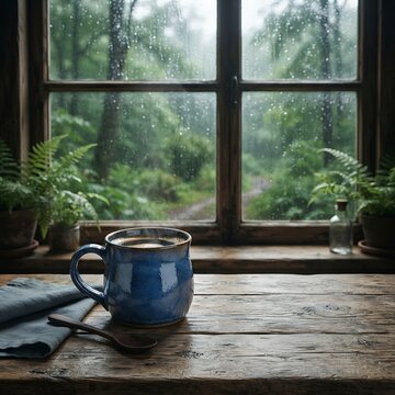 Blue ceramic coffee mug photo on a rustic wooden table with a rainy window background