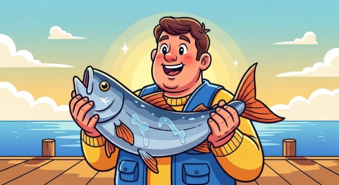 Happy fisherman proudly holding a large freshly caught fish by the water