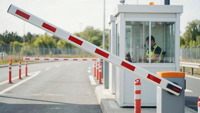 Security guard in a toll booth with a raised white and red barrier arm