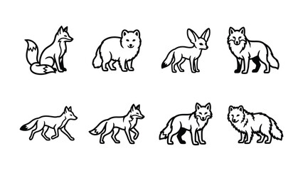 Fototapeta premium Set of Fox Iconography: A collection of stylized line art illustrations depicting various fox species, showcasing their unique features and poses in a clean, graphic representation.