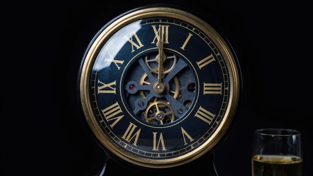 Antique skeleton clock with roman numerals and glass dome, dark background