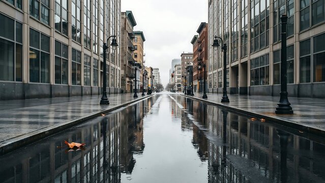 Empty city street with reflections in a large puddle after the rain