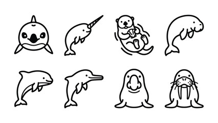 Fototapeta premium Marine Mammal Collection: A delightful set of hand-drawn line art illustrations featuring various marine mammals, including a dolphin, narwhal, otter, manatee, and walrus.