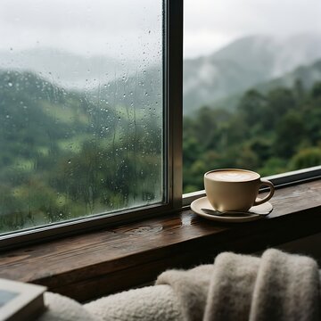 Coffee cup on windowsill photo with rainy window and mountain landscape view
