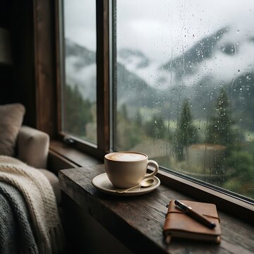 Cozy coffee cup and notebook on a windowsill photo with rainy window view of misty mountain landscape