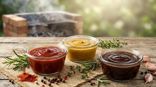 Three glass bowls with different barbecue sauces on a rustic wooden table with fresh herbs and spices. BBQ condiment ideas
