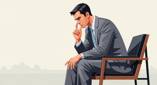 Businessman sitting in chair deep in thought with hand on chin