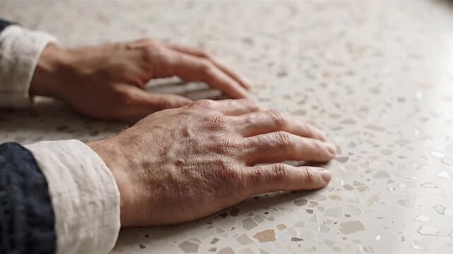 Hands Tracing Terrazzo Surface Texture, Showcasing a Smooth, Looping Animation of Tactile Exploration and Design Detail.