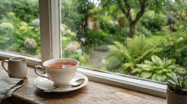 Cup of tea photo on a rainy day windowsill with rain drops on window and green garden view