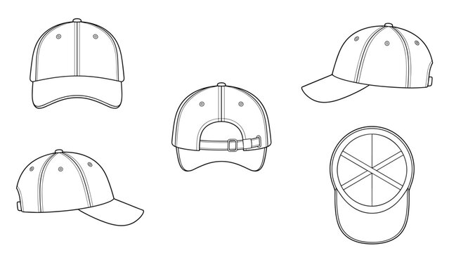 Curved Brim Baseball Cap Strapback Hat Vector Technical Drawing Illustration Blank Streetwear Mock-up Template for Design and Tech Packs CAD Dad Hat Mockup