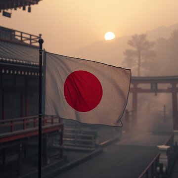 National flag of Japan waving on a flagpole at a traditional Buddhist temple complex during a misty sunrise