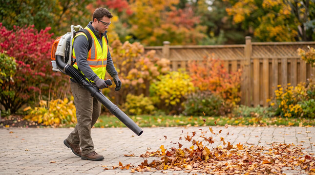 Man using leaf blower to clear leaves in a vibrant autumn garden  