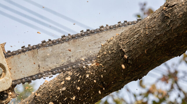 Tree pruning near power lines with electric saw cutting branch  